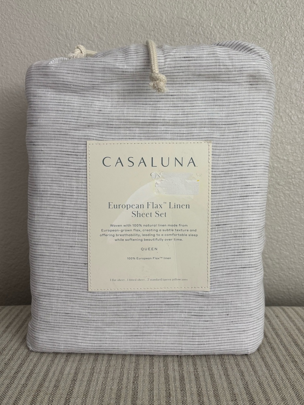 NWT Queen 100% Linen Sheet Set Gray Micro Stripe - Casaluna